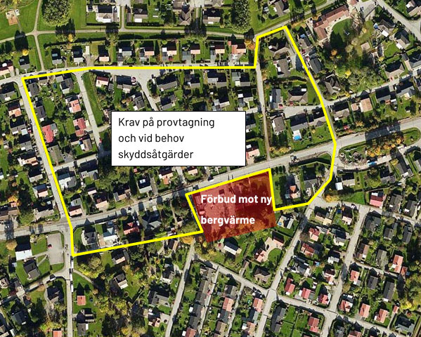 Flygfoto över delar av stadsdelen Halvorstorp. På bilden är två områden markerade, ett där det är förbjudet att borra efter bergvärme, och ett där det krävs att vissa kontroller och åtgärder görs.