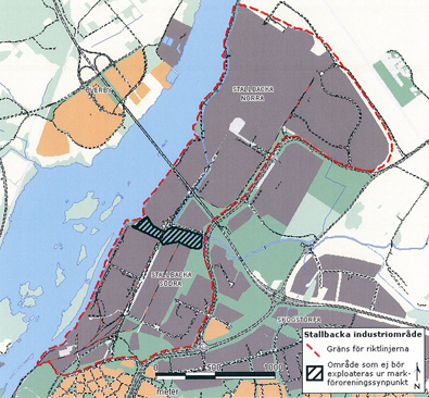 Karta över Stallbacka industriområde som visar inom vilket område markarbeten ska anmälas. Det är stora delar av både norra och södra Stallbacka där anmälan behöver göras.