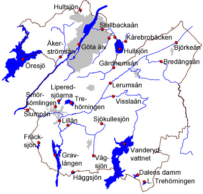 Översiktskarta över vattenprovpunkter i Trollhättans kommun.