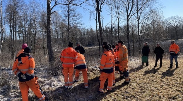 Varselklädd personal från Trollhättans Stad står i ett soligt skogsbryn. Himlen är blå och det är frost på marken.