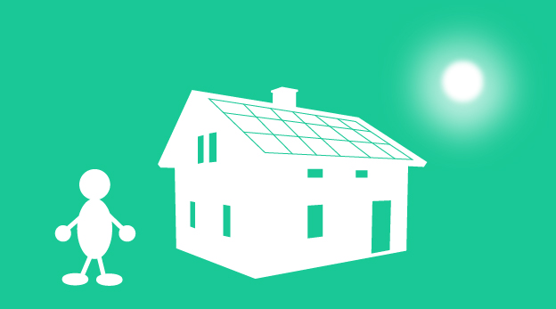 Bilden visar en figur jämte sitt hus med solpaneler 