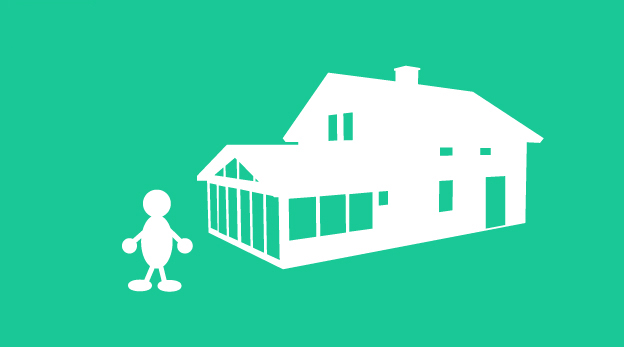 Bilden visar en figur som står bredvid ett hus med ett uterum.