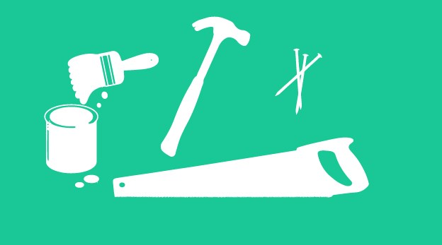 Bilden visar verktyg som hammare såg och spik