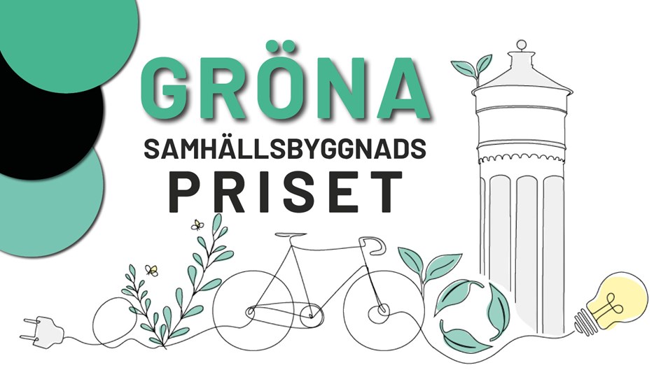 Text: Gröna samhällsbyggnadspriset. Tre halvcirklar i olika färger och illustration med cykel, elsladd, vattentorn