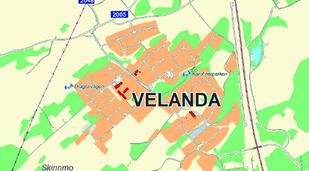 Karta över lekplatser i Velanda