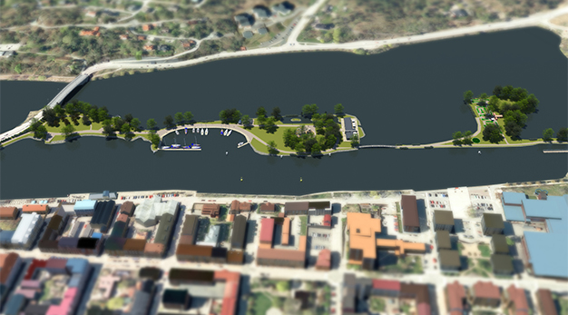 Bilden visar en 3D visualisering av en del av Trollhättan.