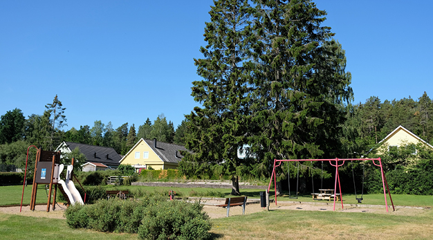 Bilden är en översiktsbild på lekplatsen Granlyckan. Till vänster i bild står en stor lekställning med rutschkana. Precis bredvid finns ett stort parti med buskar. Till höger i bild är det en gungställning med tre platser. Mellan gungställningen och lekställningen finns det en parkbänk och en sandlåda. I bakgrunden syns två jättestora träd. Bakom träden syns flera husknutar.