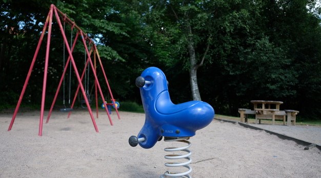 Bilden är ett fotografi över ett gungdjur som är blått. I bakgrunden syns ett parkbord och en gungställning i rött.