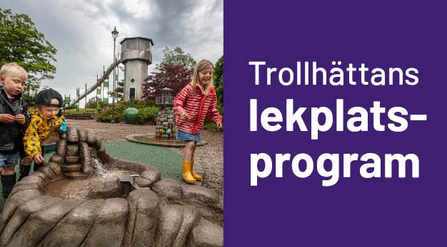 Barn om leker med vattenlek, lila ruta med text "Trollhättans lekplatsprogram"