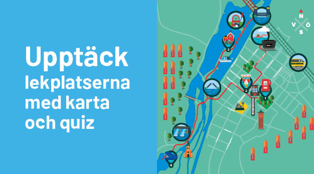 Illustrerad karta över centrala staden, text: upptäck lekplatserna med karta och quiz