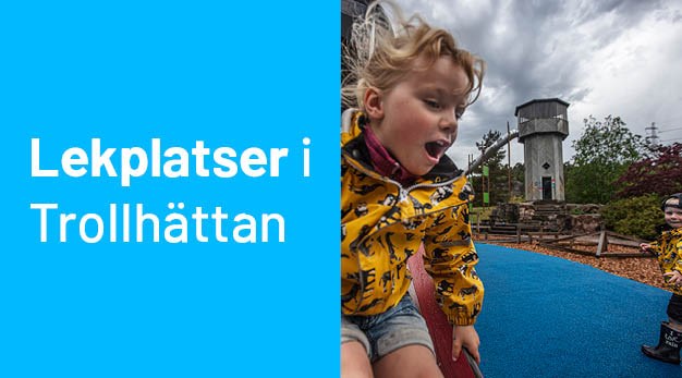 Tjej som åker rutschkana ur en val i Vattenkraftens lekplats, blå ruta med text "lekplatser i Trollhättan"