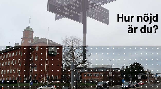 Bild från gatumiljö med vägvisningsskyltar och texten "hur nöjd är du"