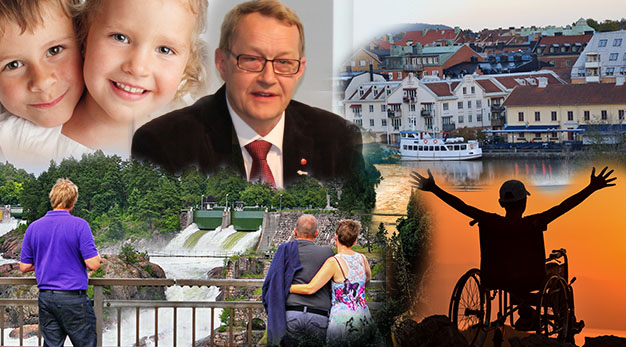 Bildkollage med Paul Åkerlund, barn som kramas, vybilder över fallen och älven