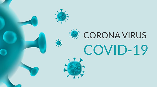 Corona-viruset som grön skiss, med texten Corona-virus, Covid-19