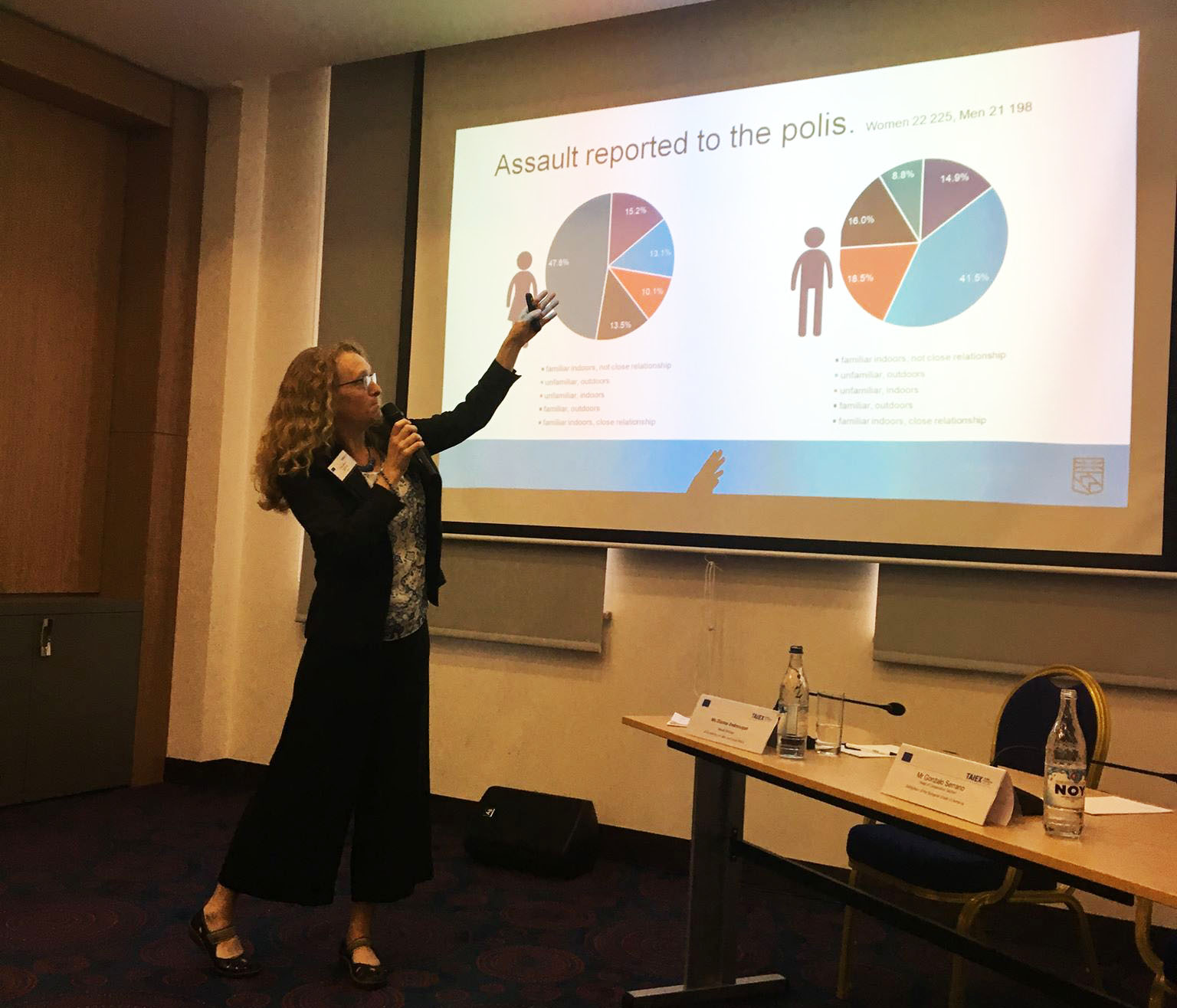 Sara de Blanche under seminariet i Armenien, där hon berättar om Trollhättans Stads arbete mot våld i nära relationer.