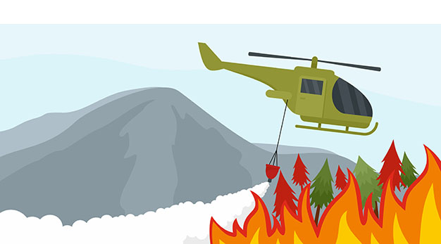 Illustration brand, helikopter vattenbombar skog.