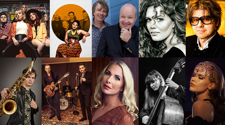 Collage artister som kommer till jazz- och bluesfestivalen.