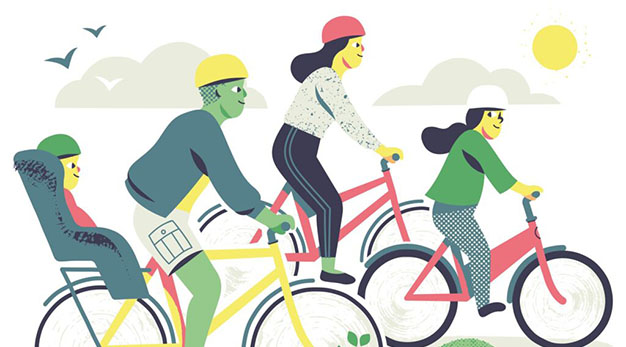 Illustration med familj som cyklar.