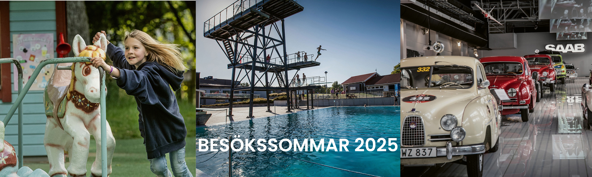 tre bilder på ett somrigt Trollhättan från lekplats, badhus och Saab bilmuseum