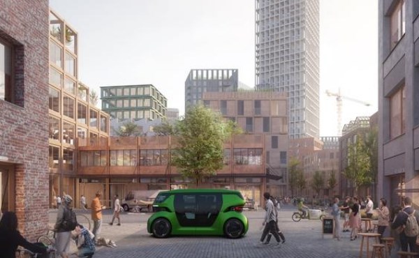 Futuristisk bild över stadsmiljö med lektrifierade fordon, människor som rör sig och kopplar av samt hus som byggs. Illustration.