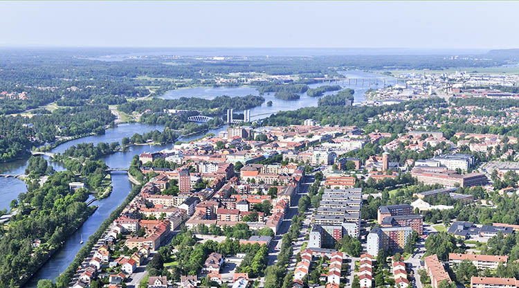 Drönarbild över Trollhättan.