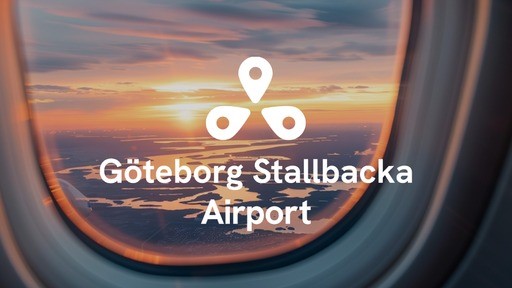 Närbild ut genom fönstret på ett flygplan. Ovanpå bilden står det "Göteborg Stallbacka Airport".