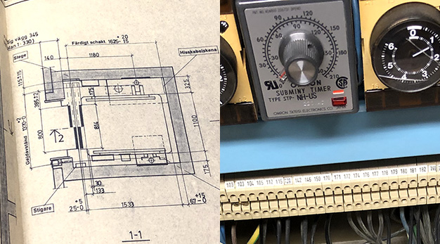 Bilden visar detaljer från den gamla hissens manöverpanel. Till vänster ses ritningar från när hissen byggdes och till höger ses olika typer av elmätare som suttit i hissens elskåp. 