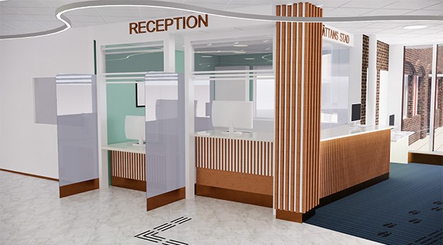 Bilden visar hur den nya receptionen i kontaktcenter kommer att se ut. Receptionen består av två diskar som avskiljs med avdelare i glas. Receptionen är klädd i ribbor av massiv ek. Receptionens diskar är höj och sänkbara. 