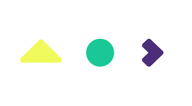 En gul trekant, en grön prick och en lila pil