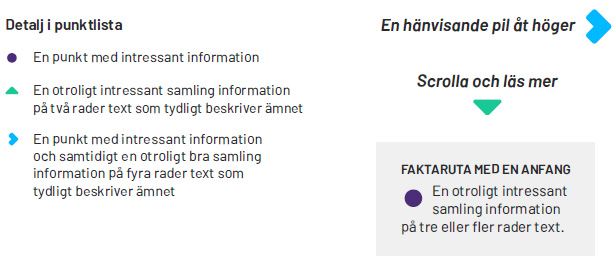 Exempel som visar hur elementen kan användas i punktlistor och faktarutor