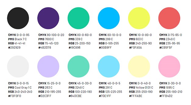 Färgpalett med de 12 färger som får användas i den grafiska profilen