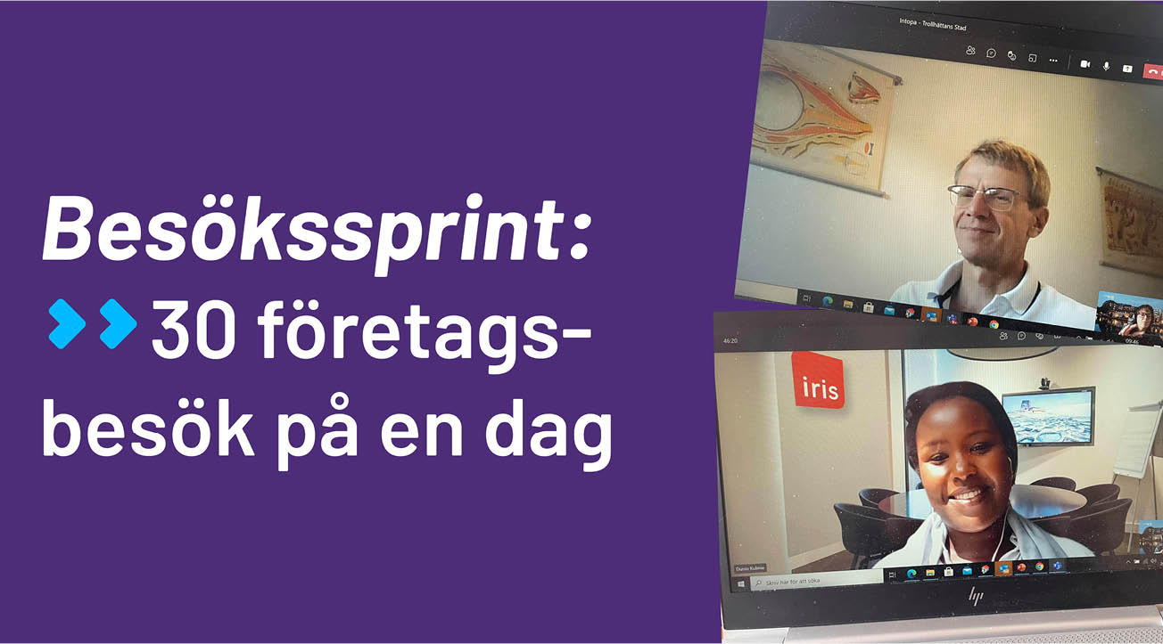 Lila bakgrund, vit text: Besökssprint: 30 företagsbesök på en dag. Två inklippta bilder från digitala företagsbesök.