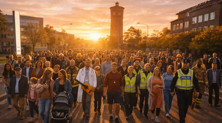 Ett AI-genererat fotomontage som visar många personer från olika yrkesgrupper och livssituationer som går mot kameran. Trollhättans stadshus och vattentornet skymtar i bakgrunden. 