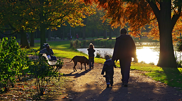 Familj på promenad med hund