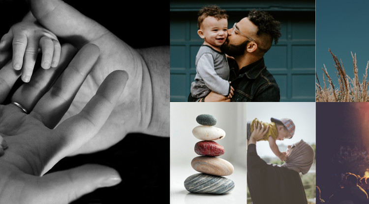Ett kollage av bilder med barn och en vuxen hand som håller en barnhand, mångfärgade stenar i en hög, och föräldrar som visar kärlek till sina barn.