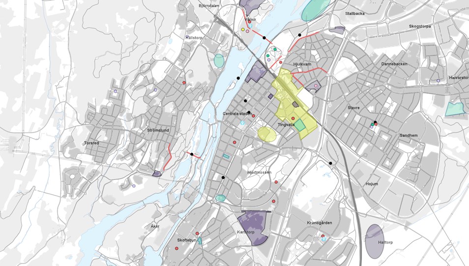 Kartlbild över centrala THN med pluppar som visar pågående projekt