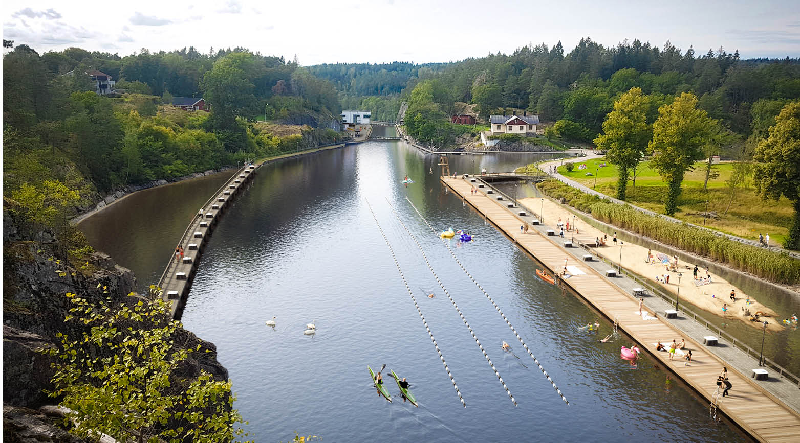 Bilden visar området mellan första och andra slussen som här har utvecklats till en badplats. 