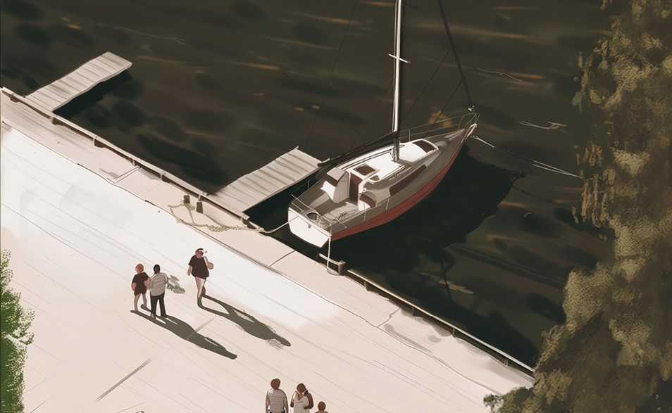Illustration med segelbåt och människor vid vatten