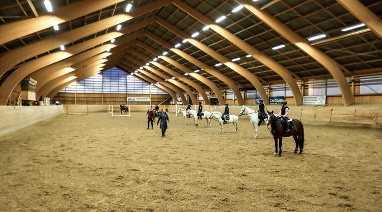Bilden visar barn på hästar i en ridhall
