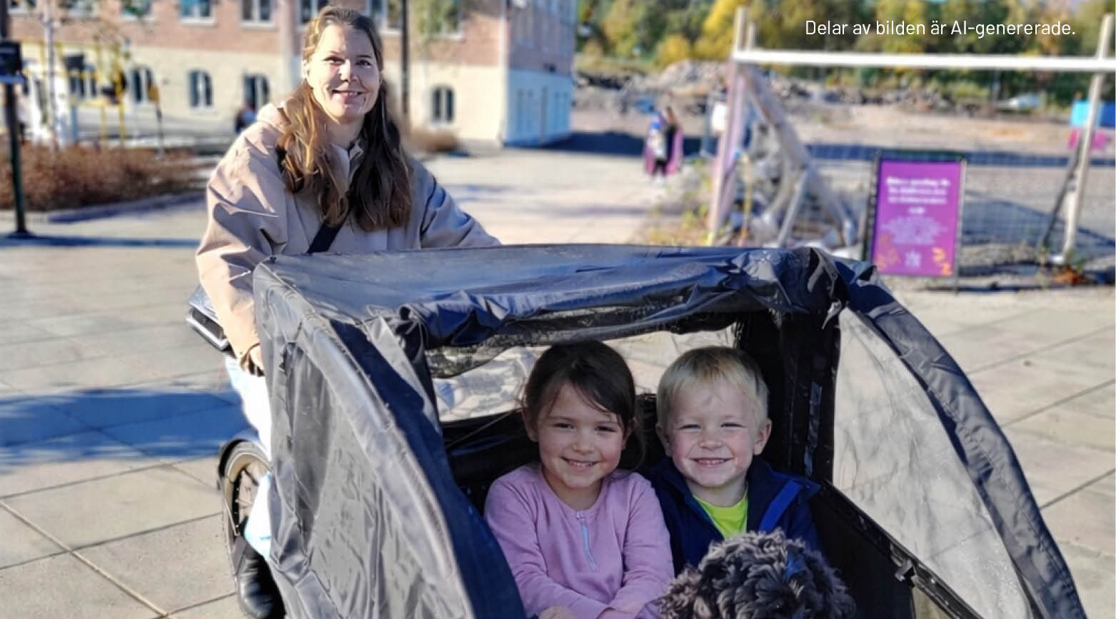 Kvinna på lådcykel med två barn och en hund i.