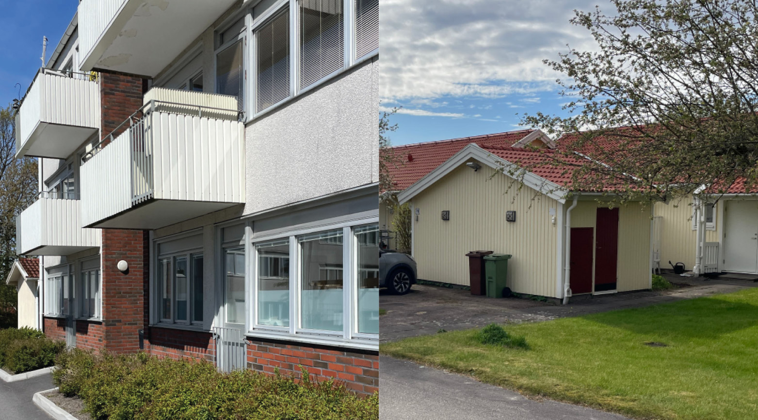Bilden visar bostadsområdet i Upphärad och lägenhetshus i Brastad. 