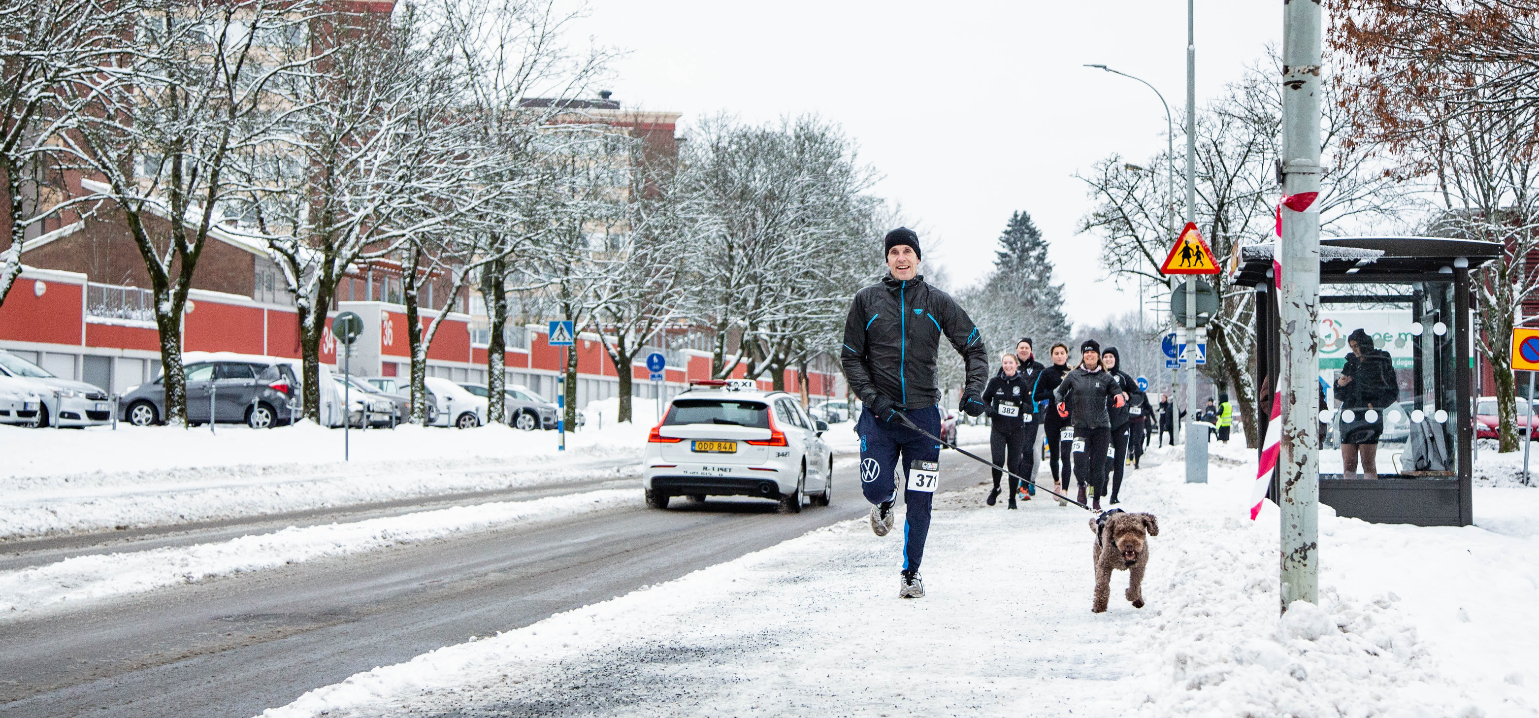 Människor som springer på snöig trottoar med en hund i täten