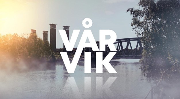 Bild med skog, vatten och bro med texten Vårvik på. 