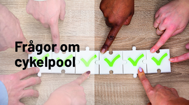 Händer som trycker på gröna bockar. Text "Frågor om cykelpool"