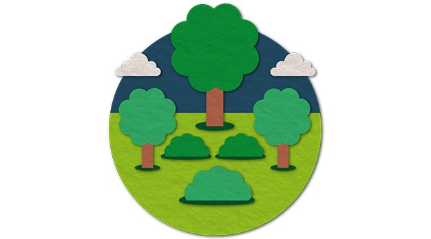 Rund, illustrerad bild med träd och buskar. 
