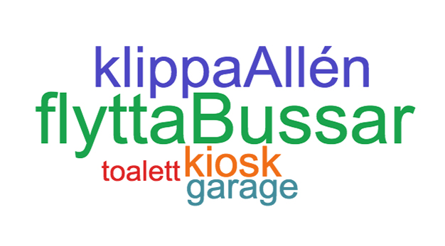  flytta bussarna, klippa allén, kiosk, garage, toalett.