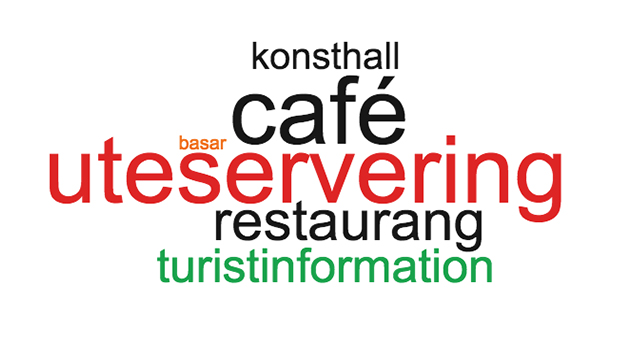 uteservering, café. restaurang, turistinformation, konsthall, basar. 