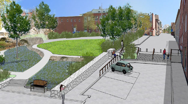 Illustration som visar Olof Palmes gata och Betty Backs park efter ombyggnationen. Illustration Liljewall arkitekter