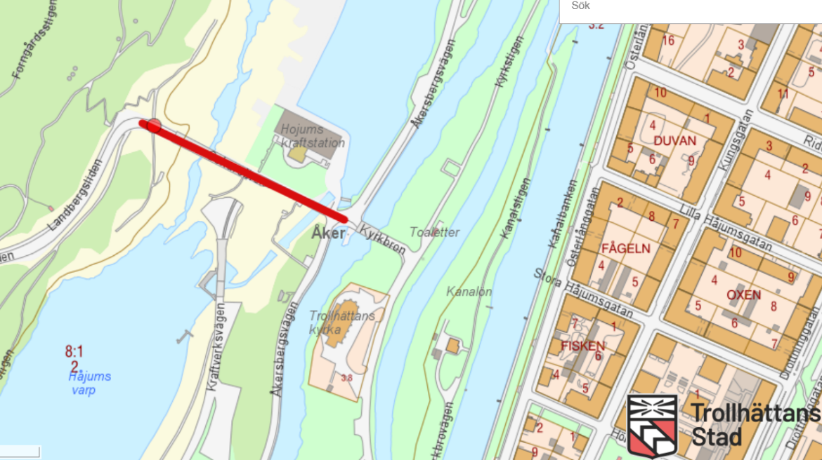 Kartbild som med röd markering visar ny gång- och cykelväg över Oscarsbron