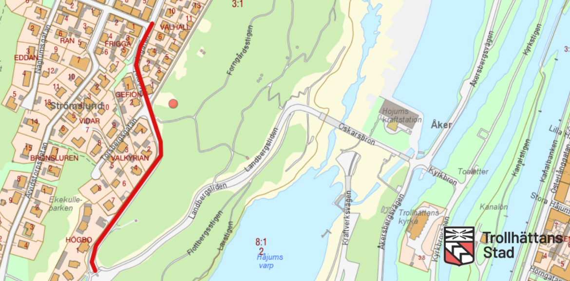 Kartbild som med röd markering visar ny gång- och cykelväg i Strömslund